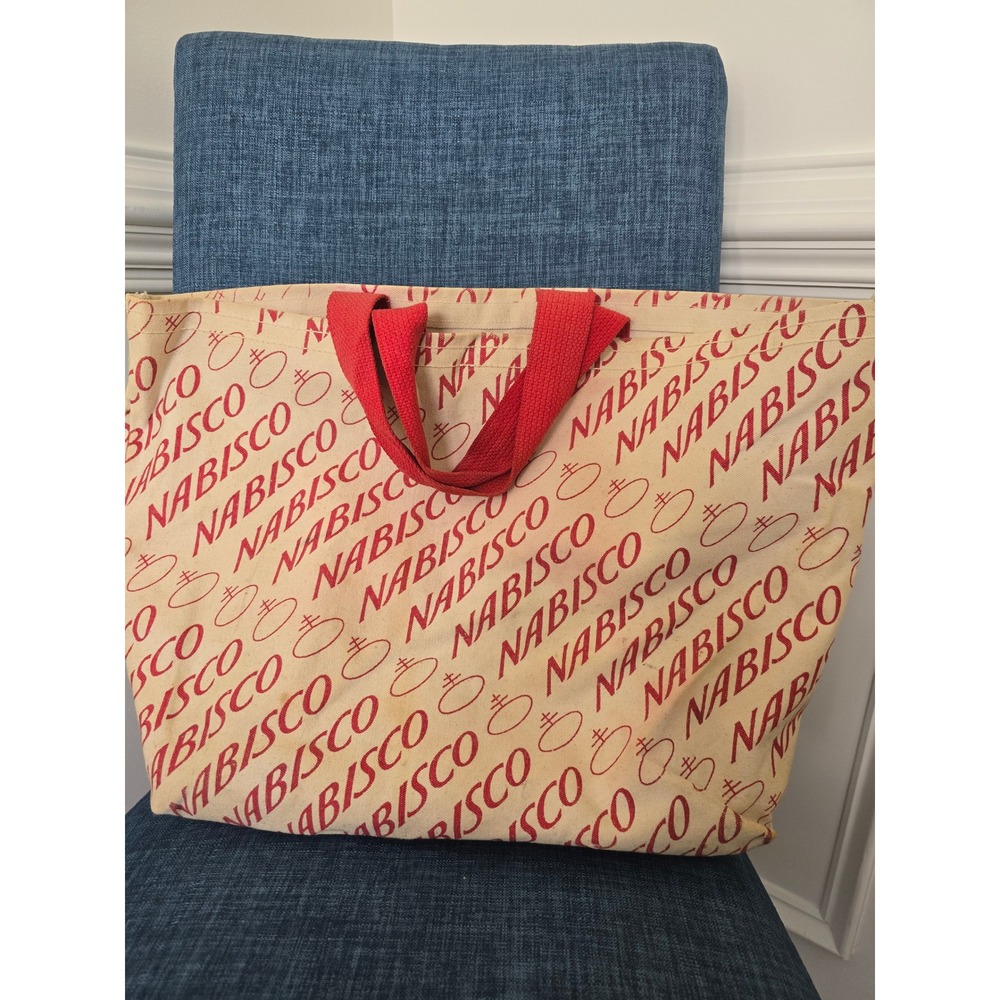Vintage‎ Nabisco Canvas Tote Bag Red Cream All Over Logo Print Large Grocery Bag